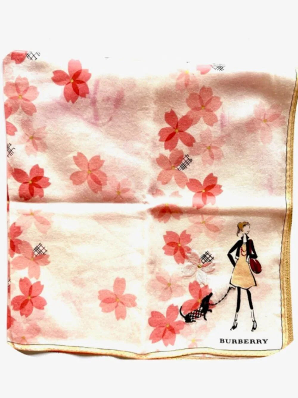 Burberrys Mini Scarf cotton 19.5" ligh peach pink flora embroidered dogs (88) - Picture 5 of 9